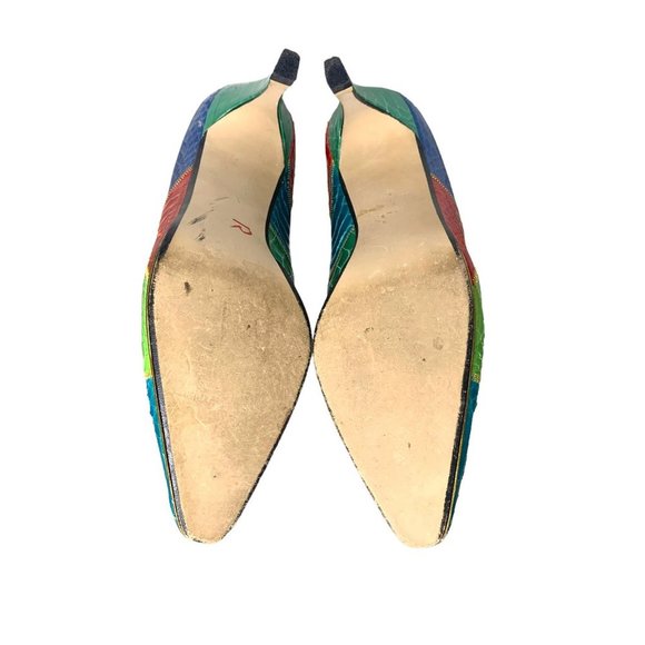 Vintage 80s Multicolor Snake Skin Pointed Toe Pumps 6 - Picture 3 of 11
